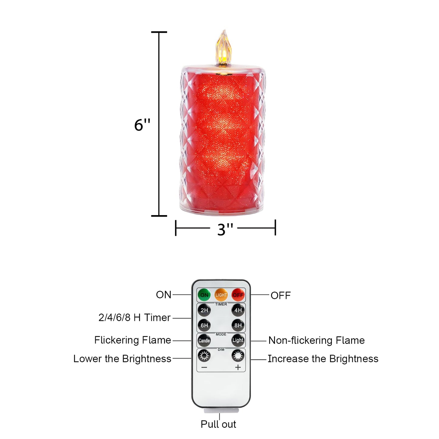 Homemory Battery Operated Candles with Remote, 2 Pcs Timer Flickering LED Fake Candles, Flameless Candle with Crystal Shell and Embedded Glitter for Wedding, Home & Christmas Decor, Red