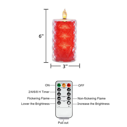Homemory Battery Operated Candles with Remote, 2 Pcs Timer Flickering LED Fake Candles, Flameless Candle with Crystal Shell and Embedded Glitter for Wedding, Home & Christmas Decor, Red