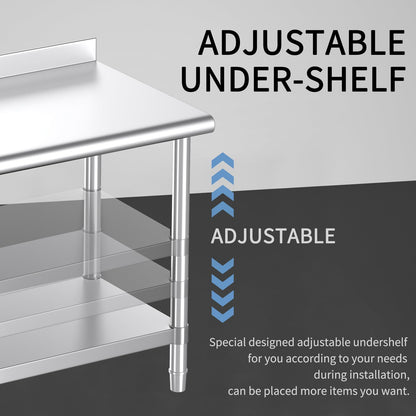 Mioleu Stainless Steel Table, 30 x 24 Inches Commercial Metal Prep & Work Table with Backsplash and Adjustable Undershelf for Kitchen Restaurant Home Garage Warehouse