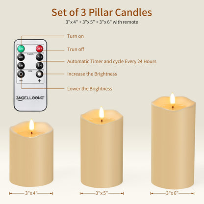 ANGELLOONG Flameless Candles with Remote, Flickering Battery Operated Pillar LED Candles with 4/5/6/8H Timer for Bridal Shower, Wedding Table Decor, Home Decor, Set of 3