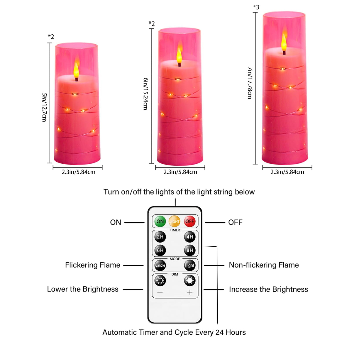 Flameless Candles,with Embedded Star String, Battery Operated Candles Flickering LED Pillar Candles with Remote Control and Timer, Home Decoration Add a Warm and Romantic Atmosphere，Set of 7 (Pink)