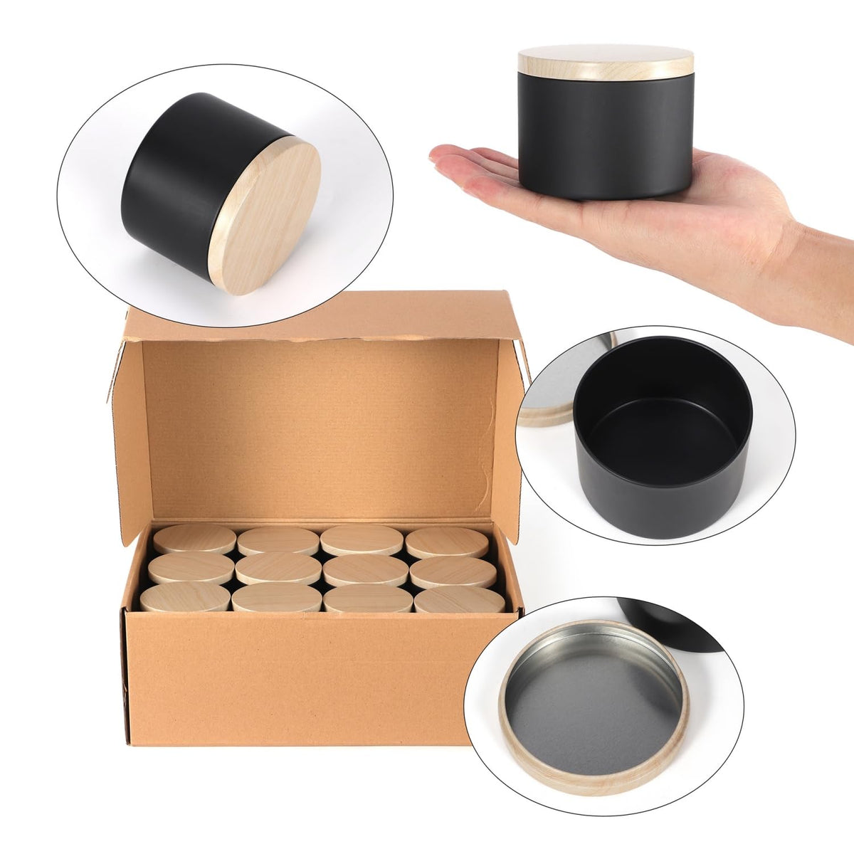 SONVIIBOX 24 PCS 8oz Candle Tins, Black tins with Wood-Grain Metal lids,Candle Jars for Making Candles Bulk,8oz Candle Jars,Tin Jars for Candle Making