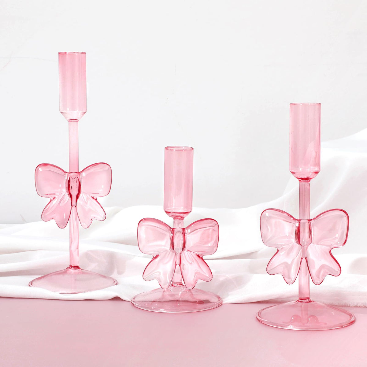 JarThenaAMCS 3Pcs Valentine's Day Glass Pink Bow Candle Holder Coquette Candle Stick Holder Stand for Home Room Party Dining Table Centerpiece Baby Shower Girls Birthday Decorations