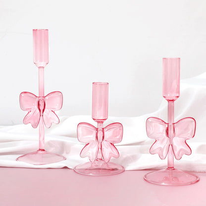 JarThenaAMCS 3Pcs Valentine's Day Glass Pink Bow Candle Holder Coquette Candle Stick Holder Stand for Home Room Party Dining Table Centerpiece Baby Shower Girls Birthday Decorations