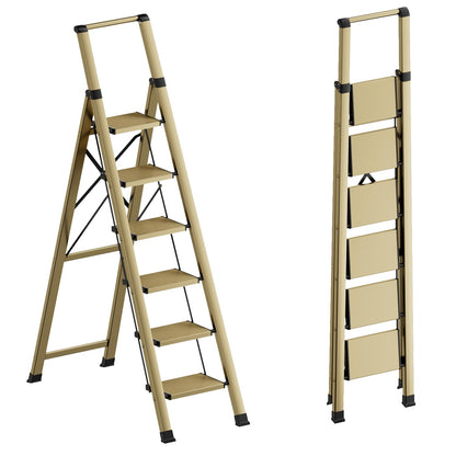 GameGem 6 Step Ladder for 12 Feet High Ceiling, Lightweight Aluminum Folding Step Stool with Convenient Handgrip, Stepladders with Anti-Slip and Wide Pedal for Home Use Space Saving - Gold