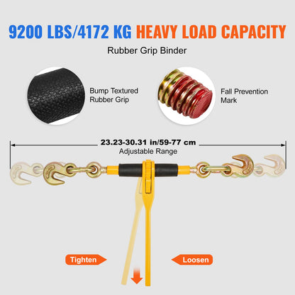VEVOR Chain and Binder Kit, 3/8"-1/2" Ratchet Load Binders 9200 lbs Working Load Limit, 3/8" x 10' G80 Chains with Grab Hooks, Ratchet Binders and Chains for Truck, Tie Down, Hauling, Towing, 2 Set
