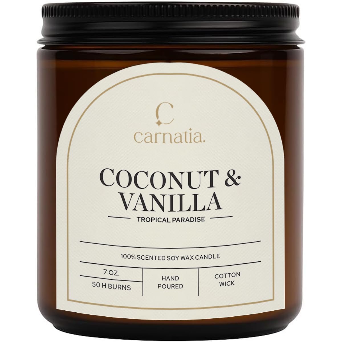Carnatia Coconut & Vanilla Scented Candle – 7 oz | 100% Soy Wax with Cotton Wick | 50 Hour Burn | Aromatherapy Candle for Home, Stress Relief & Relaxation | Gift for Women & Men