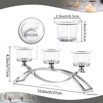 3-Arm Metal Tea Light Candle Holder Set with 5 Glass Cups, Votive Candle Holders Centerpiece Candelabra for Wedding Table Decor, Home Gatherings and Holidays (Silver, 5 Cups)