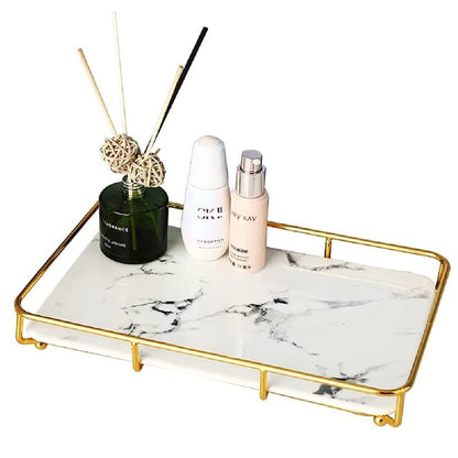 Dobbyby Vanity Tray Makeup Organizer Cosmetics Storage Bathroom Skincare Organizer Countertop Display Rack in Dresser Stainless Steel Shelf Marble Print Ceramic Trays