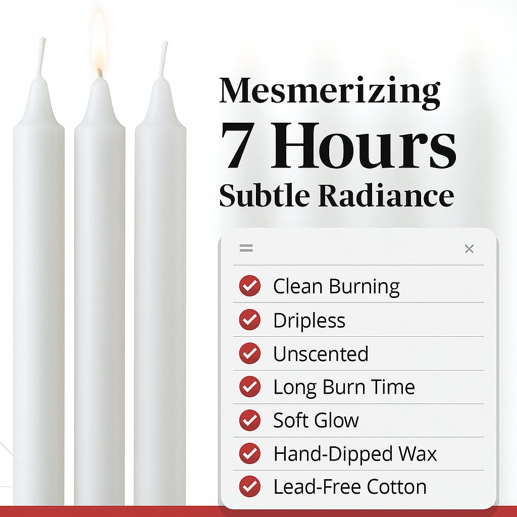 PARNOO 8" White Unscented Tapered Candles, 40 Pcs 7-Hour Long Burn Time, Dripless & No Soot - Hand-Dipped Tall Candles for Weddings, Dinners, Parties, & Special Occasions