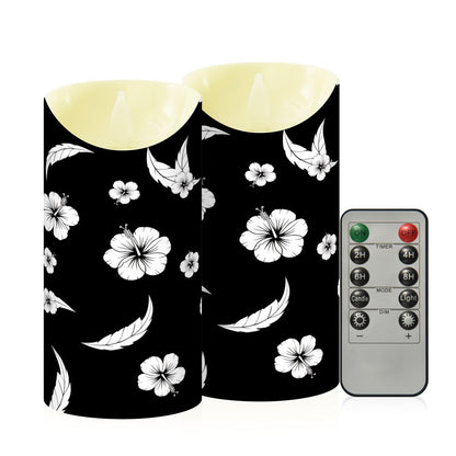 Gravopti Black White Hibiscus 2 Pack Flameless LED Pillar Candles with Remote & Timer, Battery Operated, Flickering Wax Candle for Wedding, Romantic Home & Party Decor