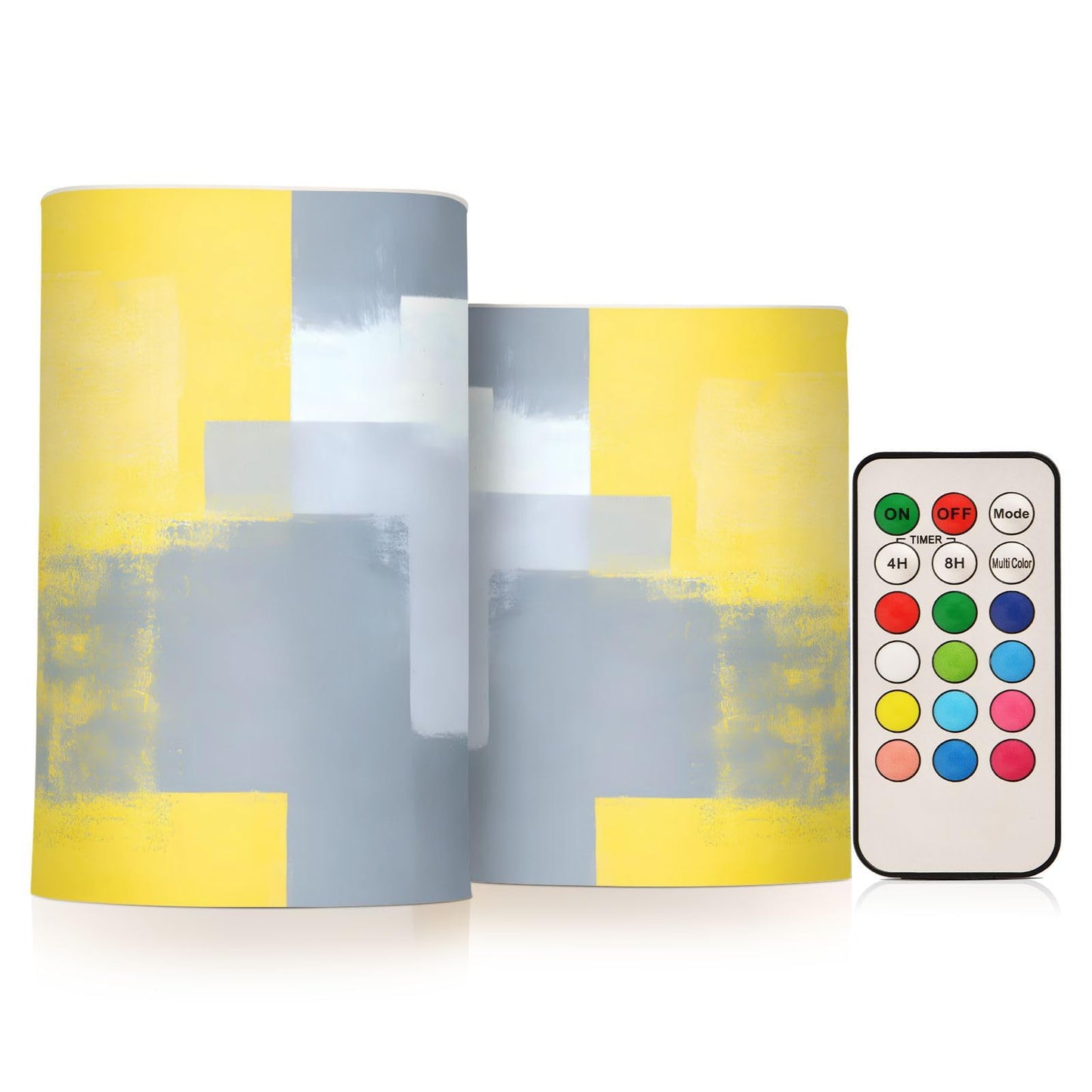 ALAZA Grey and Yellow Abstract Art Painting Flickering Flameless Candles Battery Operated with Remote Timer,Tea Light Candles LED Pillar Votive Candles Set of 2 for Outdoor Indoor Decorations