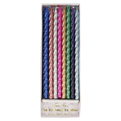 Meri Meri Twisted Long Birthday Candles for Cake (Pack of 16), 7" Tall, Unscented Meri Meri Birthday Candles