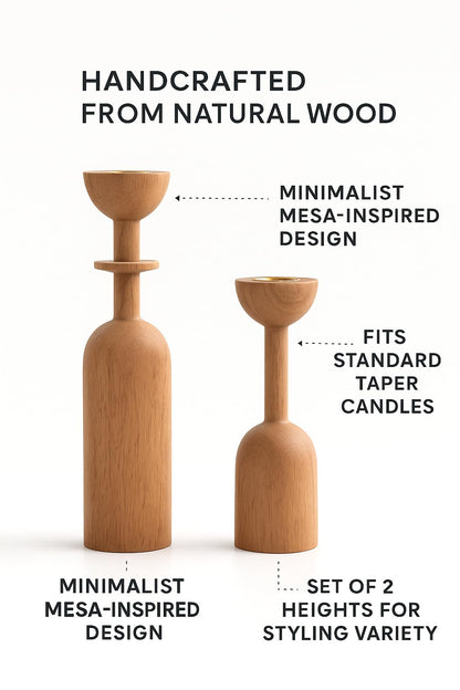 Wooden Taper Candle Holder Set of 2 - Modern Minimalist Natural Wood Candlestick Holders Fits 7/8” Taper Candles - Scandinavian Japandi Boho Farmhouse Décor for Dining Table Mantel Living Room