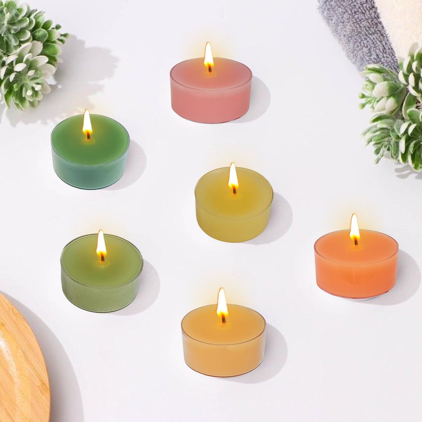 Scented Tea Light Candles 12 Pack Pastel Color Hand Poured Smokeless 4 Hours Clean Burning Small Round Clear Cups Tealight Candles for Romantic Dinners Wedding Centerpieces Cozy Evenings