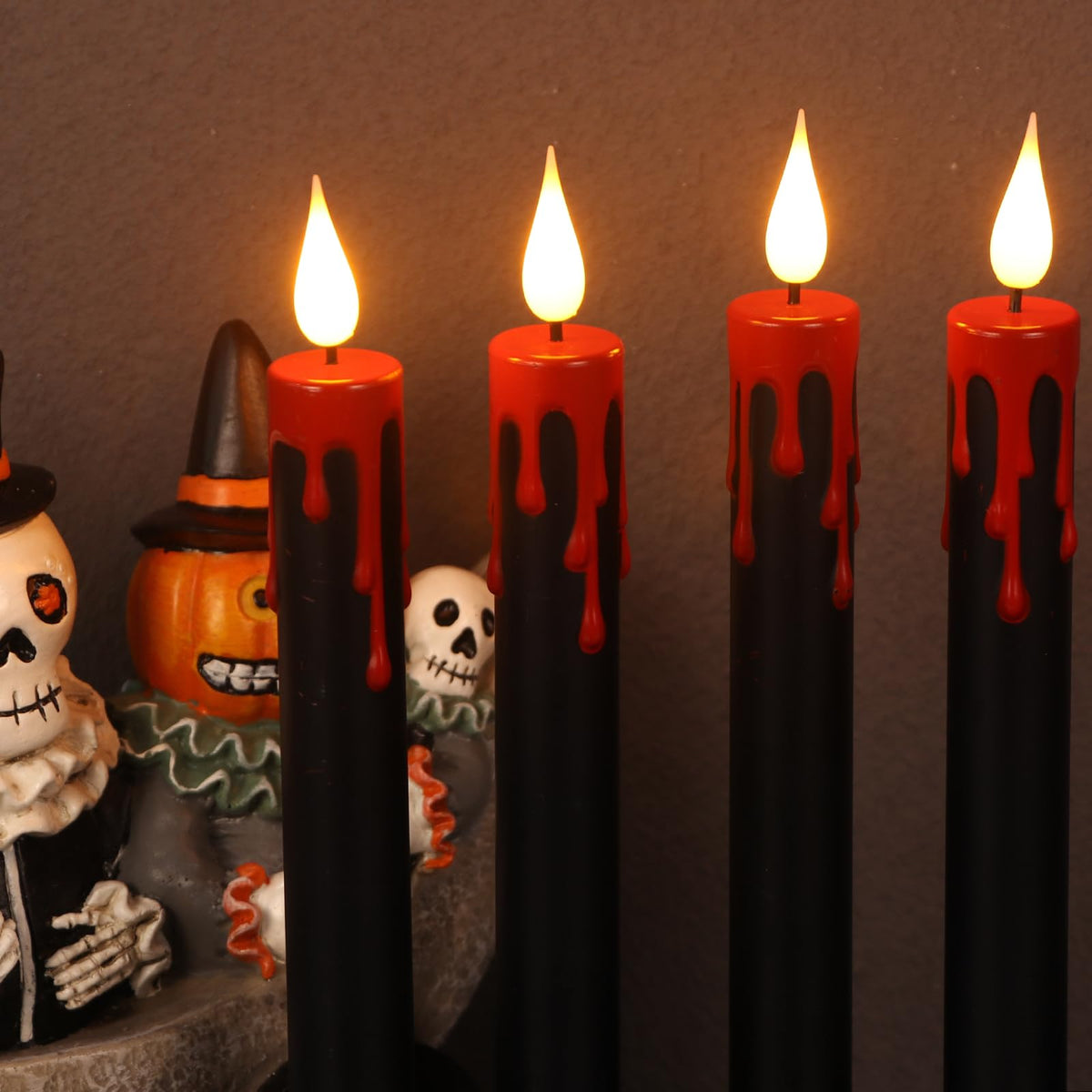 Eldnacele Halloween Flameless Taper Candle Lights Battery Operated with Remote and Timer, 2 Pack Skeleton Hand Holders Black Dripping Wax Effect LED Flickering Candles Home Decor(3” x 12”)