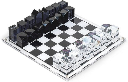 Bey-Berk Dom Acrylic Chess Set 28-Piece Black and Clear Lucite Pieces with 14 x 14 Board Architectural Modern Showpiece