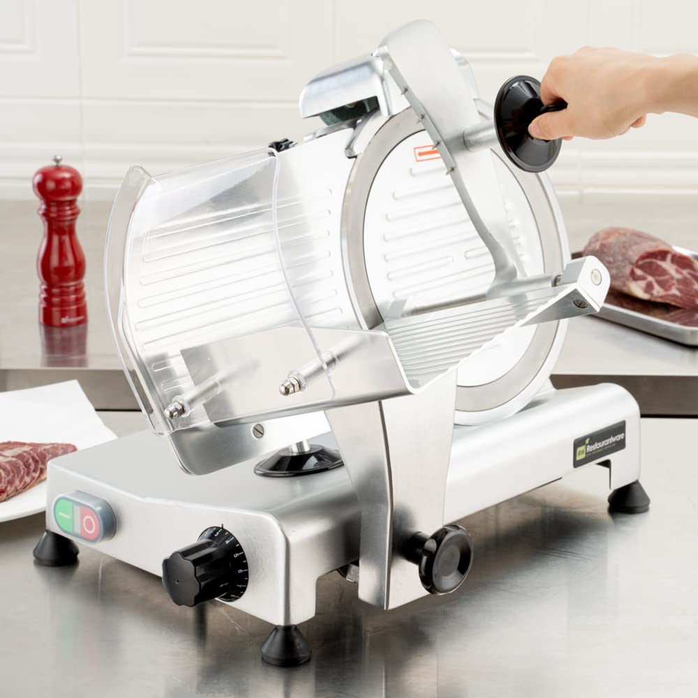 Restaurantware Bio Tek Meat Slicer 1 Adjustable Slice Size Manual Slicer - 320W Operation 0.25 Horsepower Stainless Steel Deli Slicer Built-In Sharpener Fixed Ring Guard