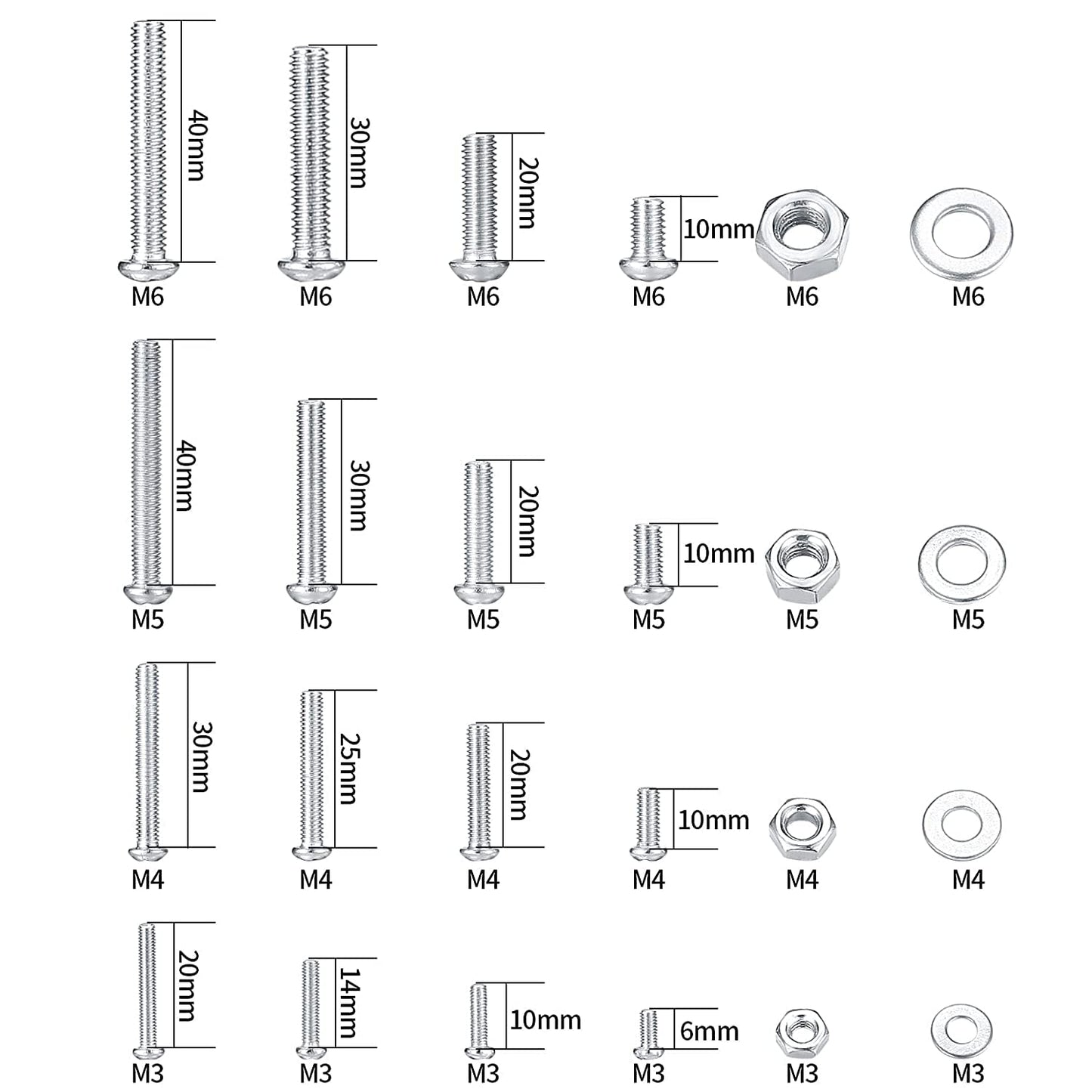 wugongshan 1080 Pcs Screws Bolts and Nuts Assortment Kit, Metric Machine Screws and Nuts and Flat Washers, M3/M4/M5/M6 Cross Slotted Round Head Bolts Sets (C)