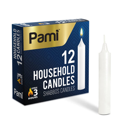 PAMI Traditional Shabbat Candle Sticks [12-Pack] - Unscented Taper Candles with 3 Hours Burning Time- Paraffin Shabbos Candles with Beautiful Flame- Tall Dinner Candles for Candlestick Holders