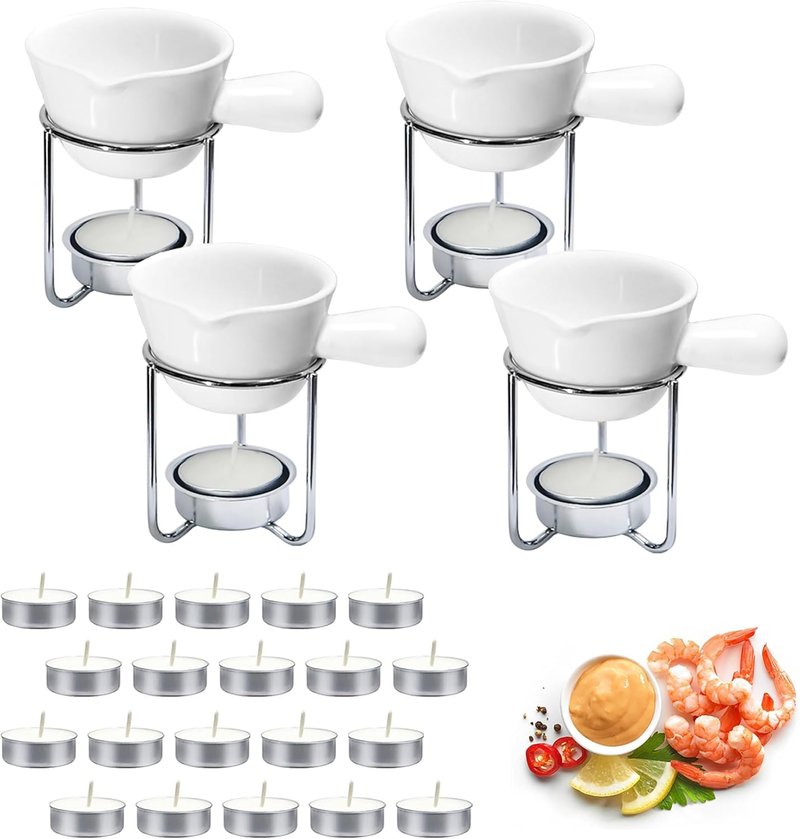4Pcs Fondue Pot Set for Chocolate Butter Cheese, 5oz Butter Warmer for Seafood with 20 Tealight, Ceramic Bowl Oven Microware Dishwasher Safe,Perfect for family dip Fruit,Dessert,Snack