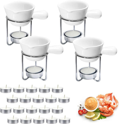4Pcs Fondue Pot Set for Chocolate Butter Cheese, 5oz Butter Warmer for Seafood with 20 Tealight, Ceramic Bowl Oven Microware Dishwasher Safe,Perfect for family dip Fruit,Dessert,Snack