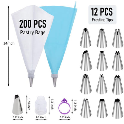 200Pcs Piping Bags and Tips Set, 12 Inch Pastry Bags, Cakes Decorating Kit Supplies, Icing Bags Disposable with 1 Reusable Piping Bags, 12 Frosting Tips, 2 Couplers, 2 Bag Ties