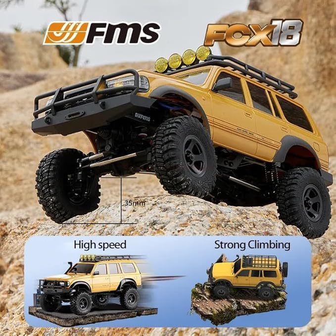 FMS 1/18 FCX18 RC Crawler Land Cruiser LC80 Toyota Officially Licensed 4WD RTR RC Rock Truck with 2.4Ghz Transmission Portal Axles LED Lights for Adults Hobby Gifts (Yellow)