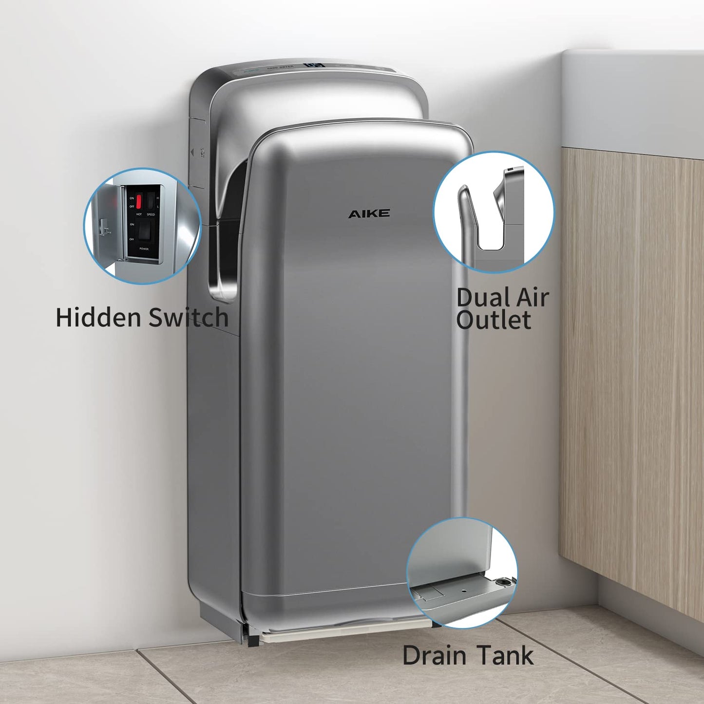 AIKE HEPA Filtered Vertical Hand Dryer Premium, 110-130V Silver Model AK2005H