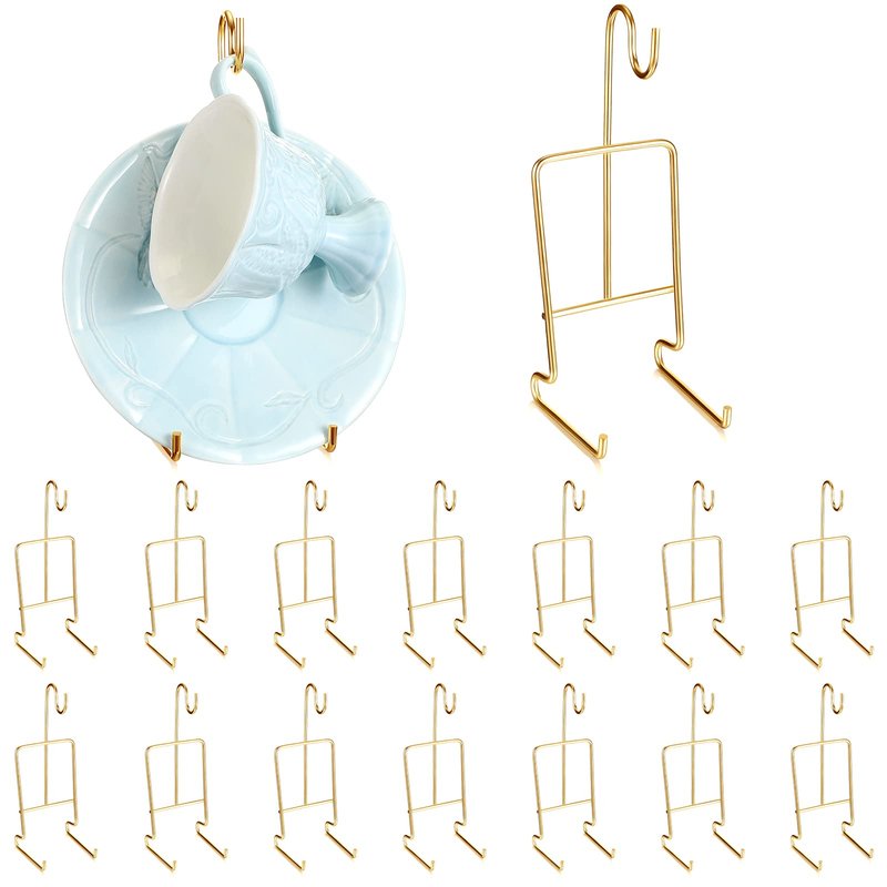 Suclain 16 Pcs Small Tea Cup and Saucer Display Stand Holder Rack China Metal Cup Saucer Holder Display Shelf Coffee Mug Organizer for Plate Teapot