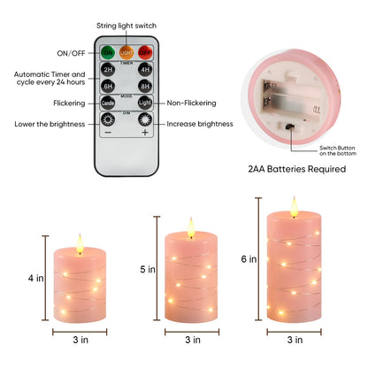Amagic Flameless Candles with Embedded String Lights, 11-Key Remote & Timer, 3D Wick Real Wax Battery Operated Flickering Led Pillar Candles for Home, Lantern Decor, Set of 3, Pink