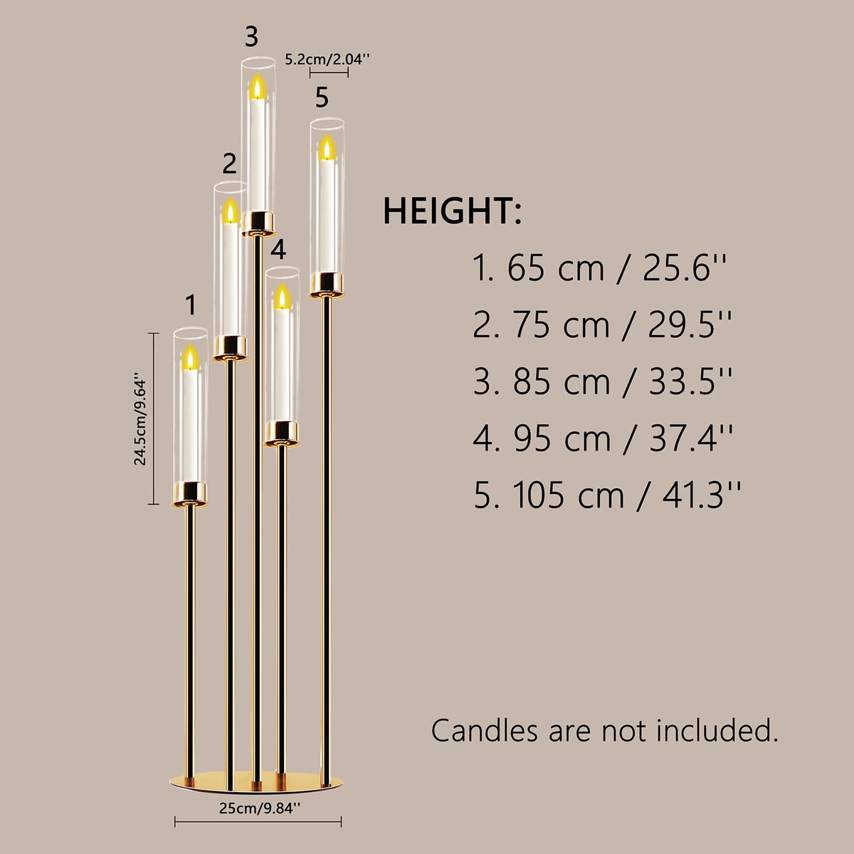 Gold 5-Arm Metal Cluster Taper Candelabra Candle Holders Includes Led Candles & Remote Control, Votive Pillar Candle Holders, Round Wedding Candelabra with Acrylic Shade (1, Gold, 41.3'' x 9.84'')
