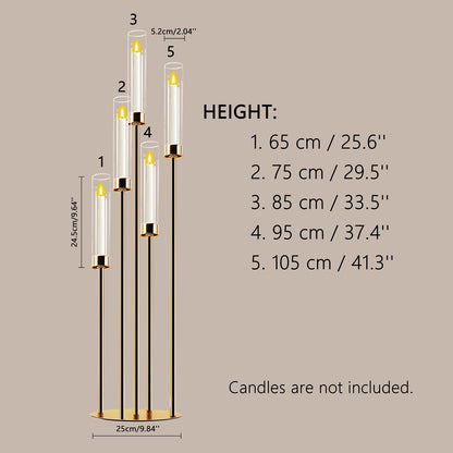 Gold 5-Arm Metal Cluster Taper Candelabra Candle Holders Includes Led Candles & Remote Control, Votive Pillar Candle Holders, Round Wedding Candelabra with Acrylic Shade (1, Gold, 41.3'' x 9.84'')
