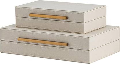 Skiennix Set of 2 Beige Shagreen Decorative Storage Boxes - Faux Leather Jewelry & Memory Organizers