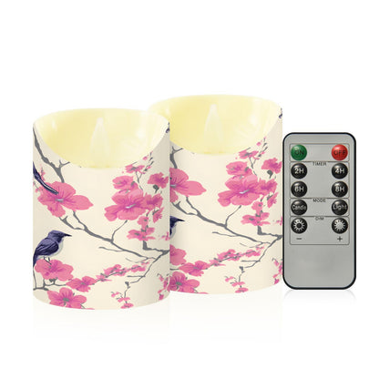 ALAZA Bird Pink Flower Flameless Candles with Remote Timer,LED Flickering Battery Operated Electric Pillar Tea Light Candles for Wedding Table Christmas Decorations 3" x3.9"