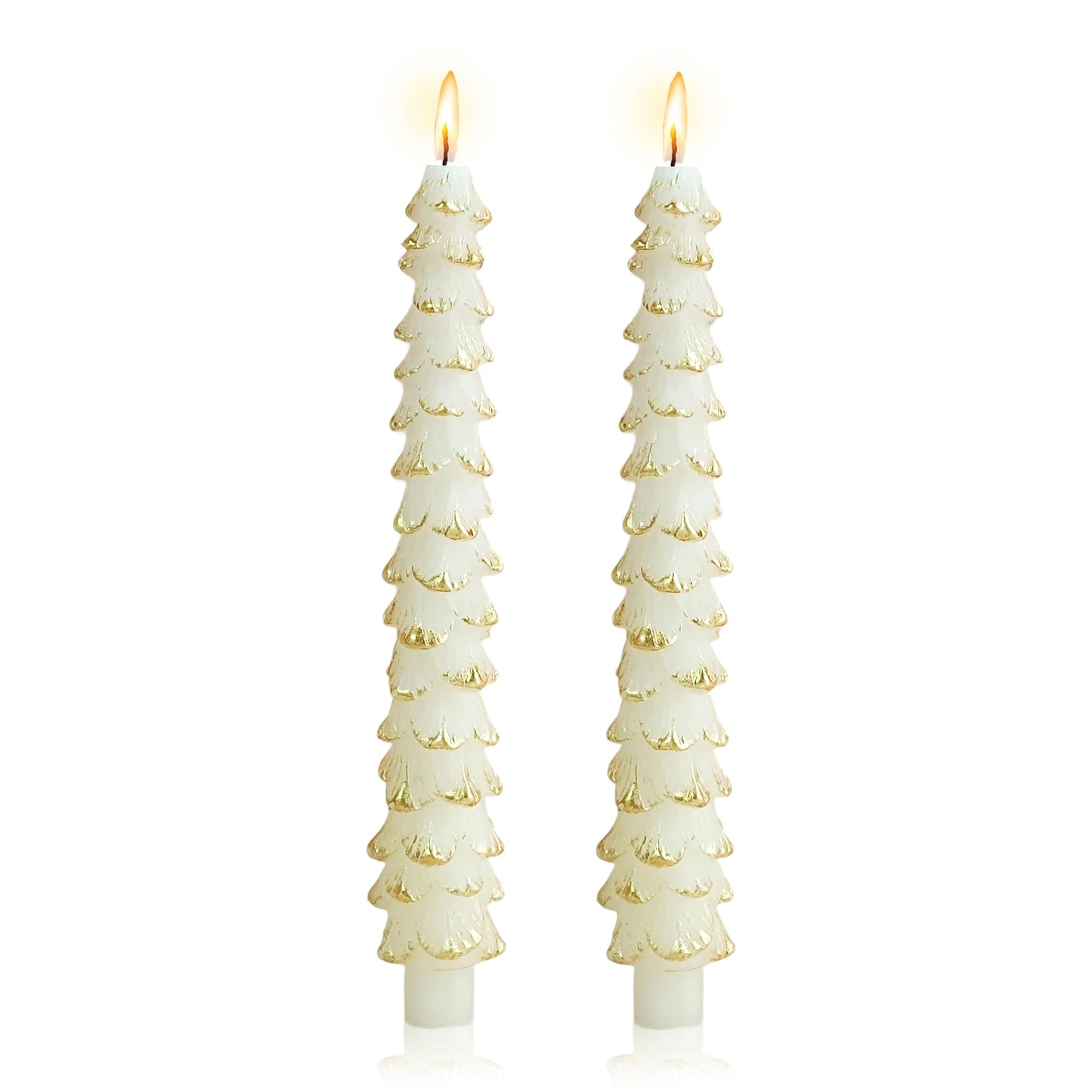 10 Inch Christmas Tree Taper Candles Set of 2, Handmade Unscented White Gold Tapered Candles Dinner Candles for Candlestick Holders, Holiday Wedding Table Decor