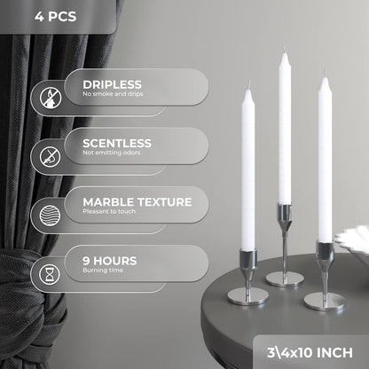 CANDWAX White Taper Candles Pack of 4 - Slow Burning Dripless Unscented Straight Candles 10 inch - Ideal for Dinner Table - Smokeless Long Candlesticks