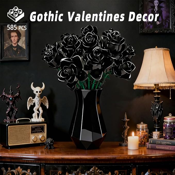 Black Roses Compatible with Lego Roses Bouquet Valentines Day Gifts for Her WomenGirlfriend Wife or Couples Gothic Decor Legi Flowers（No Vase）