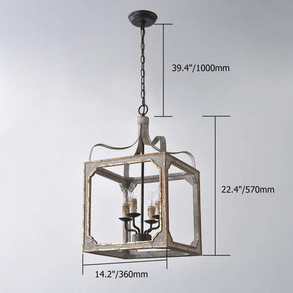 LOVEDIMA French Country Chandelier 4-Light Lantern Pendant Lighting Square Wood Metal Chandeliers Hanging Light Ceiling Light Fixtures in Antique Gray & Antique Gold