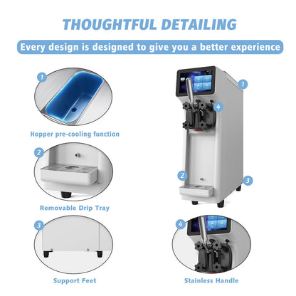 AnyDoor Commercial Ice Cream Maker Machine 1000W 2.7 to 4 Gal/H Single Flavor Soft Serve Ice Cream Machine Pre-cooling Auto Clean LCD Touch Screen Soft Serve Maker for Snack Bar Restaurants