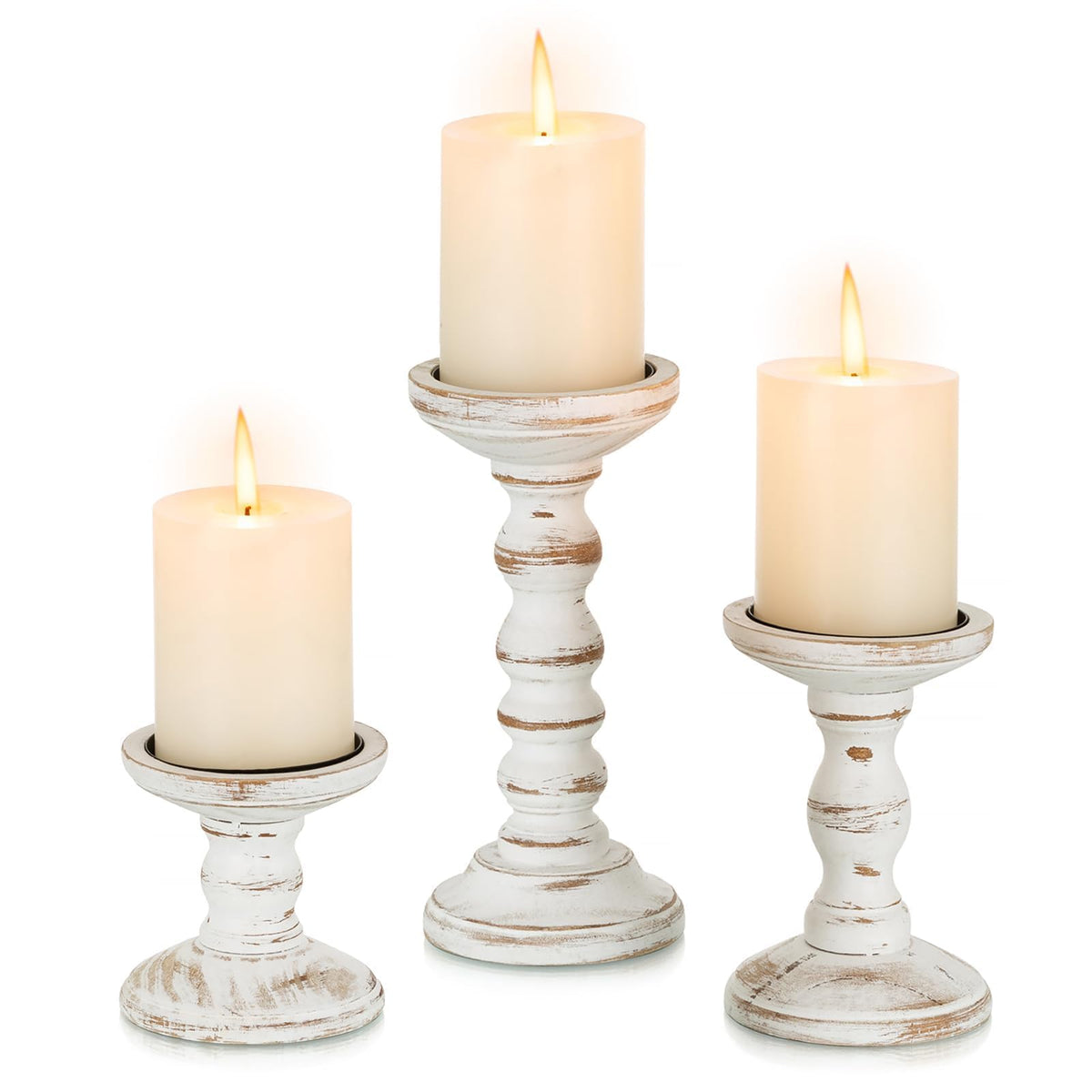 Romadedi Wood Candle Holders for Pillar Candles - Set of 3 Tall Farmhouse Wooden Candlestick Holder, Rustic Candle Stand for Fireplace Mantle Shelf Table Home Decor, Brown Whitewashed 3.9"/6"/ 8.3"