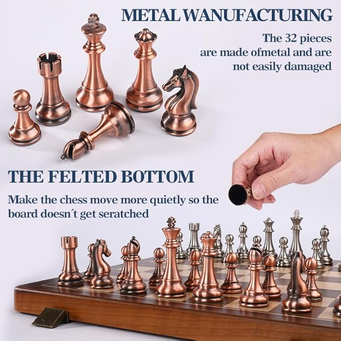 15 Inch Walnut Chess Board Set for Adults Kids Metal Chess Folding Portable Travel Chess Game for Tournament Professional Beginner with Manual