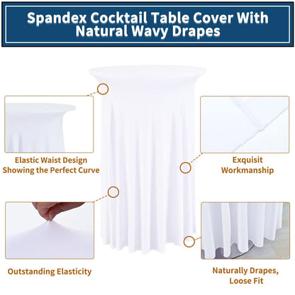 REWOMC 6 Packs Round Cocktail Table Skirt 24"x 43" Spandex Stretch Cocktail Tablecloth with Wavy Drapes, White Spandex Fitted High Top Table Covers for Wedding Bar Party Birthday Banquet Tables