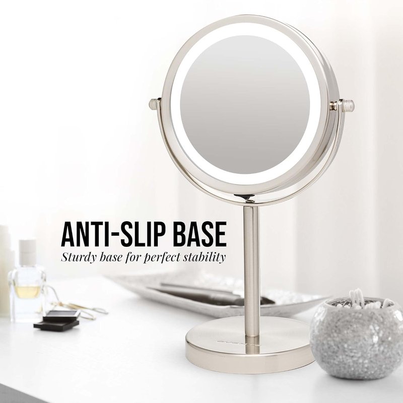 OVENTE 6" Lighted Makeup Mirror with 1X/7X Magnification, Cordless Tabletop Mount Vanity Round Mirror with 360° Swivel Design and Double Sided Cool Tone LED Ring Light, Nickel Brushed MLT60BR1X7X