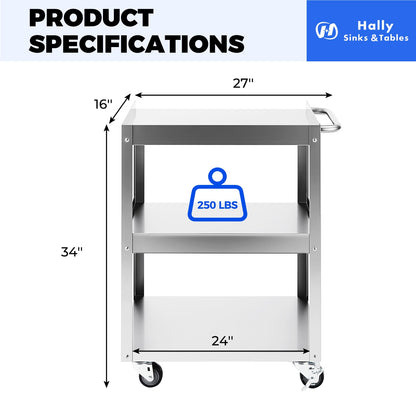 Hally Stainless Steel Utility Cart 3 Tier NSF Commercial Heavy Duty Metal Mobile Food Rolling Cart with Handle and Wheels for Kitchen, Restaurant, Hospital, Laboratory and Home, 24" L x 16" W x 34" H