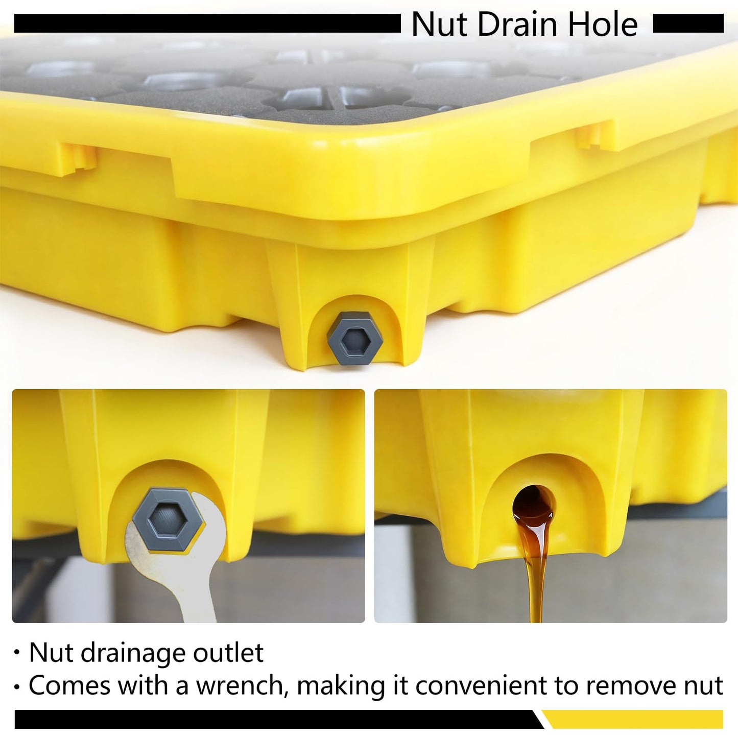 Spill Containment Tray with Drain, Anti-Leak Plastic Oil Tank Spill-Proof Pallet, Industrial Oil Drum Modular Platform,26.4 x 26.4 x 5.9in,1 Drum,2 Pcs