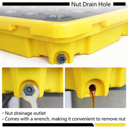 Spill Containment Tray with Drain, Anti-Leak Plastic Oil Tank Spill-Proof Pallet, Industrial Oil Drum Modular Platform,26.4 x 26.4 x 5.9in,1 Drum,2 Pcs