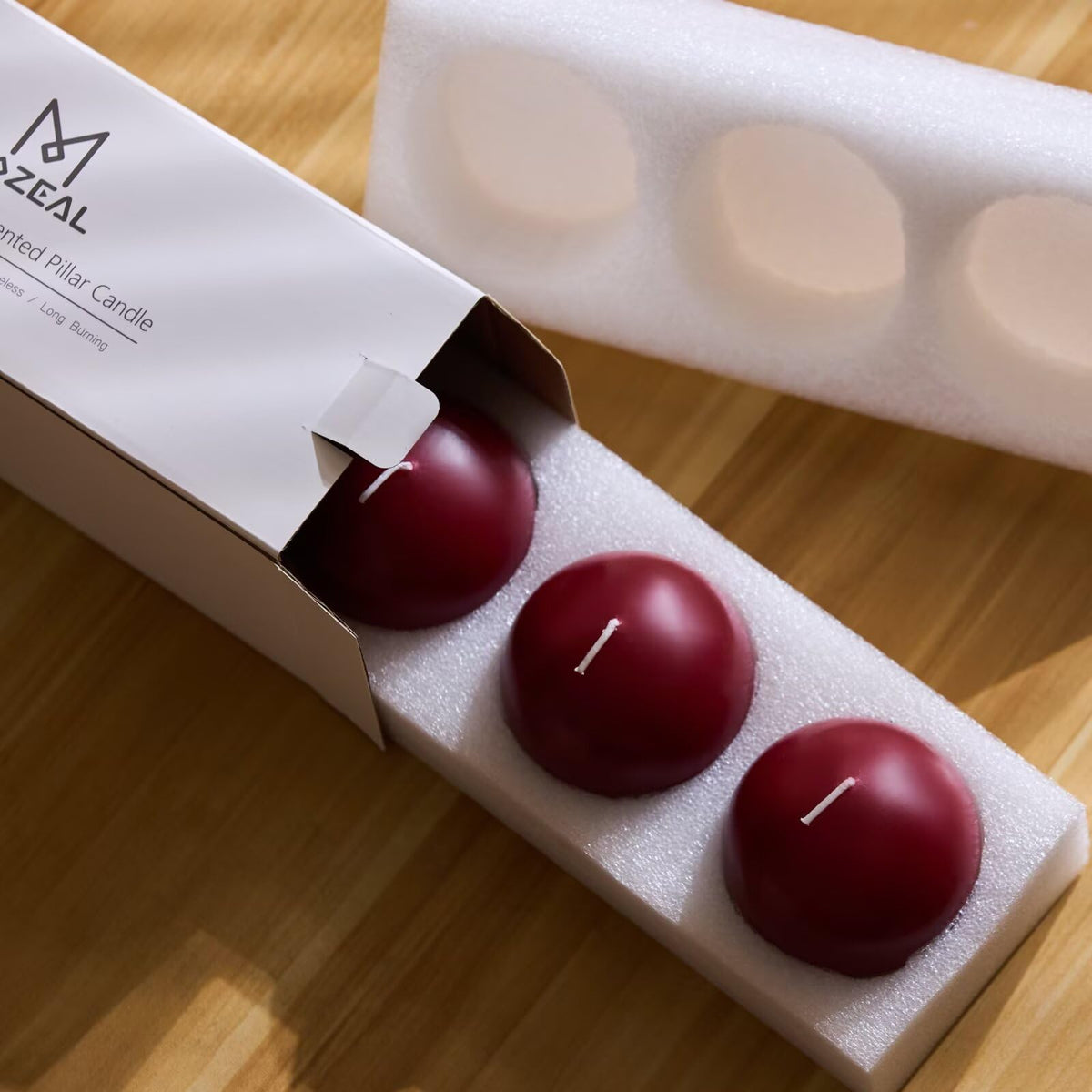 MOZEAL Hand-Poured, 3 Inch Dark Red Round Ball Candles - Elegant Dark Red Round Pillar Candles Set of 3, Dripless, Unscented, Smokeless, Ideal for Intimate Gatherings.