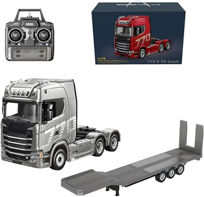 1/18 Scale 6x4 Heavy-Duty RC Tractor Truck – 2.4G Lorry Car with LED Lighting Rear-Wheel Drive &amp Expandable Flatbed Trailer Compatibility