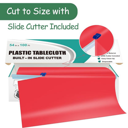 Kongdaoth 54" X 100' Plastic Tablecloth Roll Red Disposable Plastic Table Cover with Cutter Box, Disposable Table Cloth for Parties